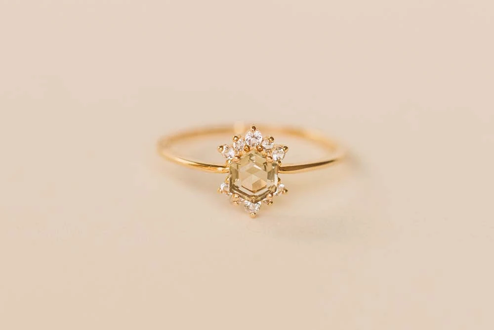 Ring with 4MM Hexagon Olive Quartz and White Topaz in 14KT Yellow Gold