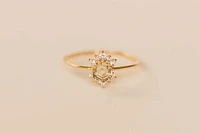 Ring with 4MM Hexagon Olive Quartz and White Topaz in 14KT Yellow Gold