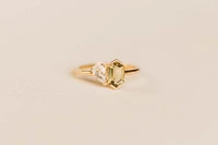 Ring with 7X5MM Elongated Hexagon Olive Quartz and White Topaz in 14KT Yellow Gold