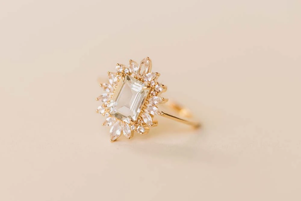Ring with 8X6MM Emerald Cut Green Amethyst and White Topaz in 14KT Yellow Gold