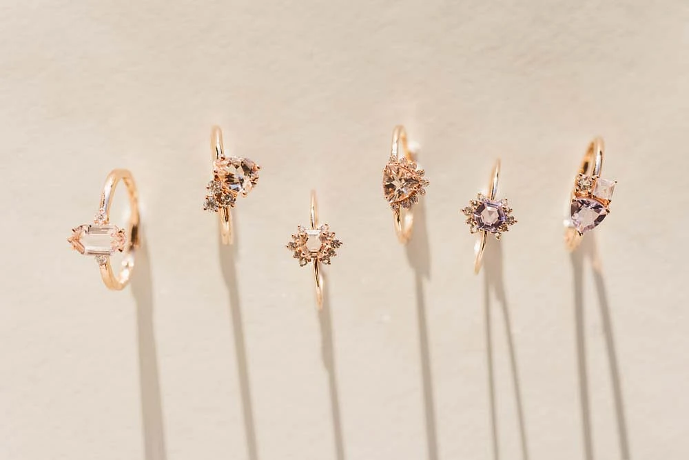 Ring with 6MM Trillion Cut Pink Amethyst, Rose Quartz and Morganite in 14KT Rose Gold