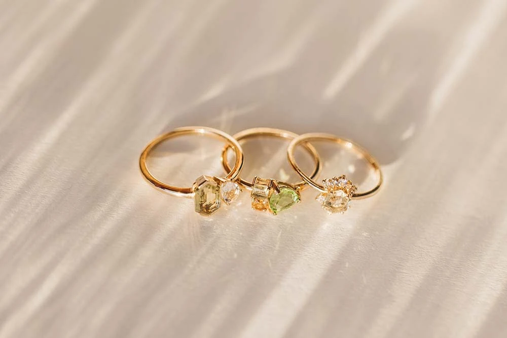 Ring with 6MM Trillion Cut Peridot, Olive Quartz and Citrine in 14KT Yellow Gold