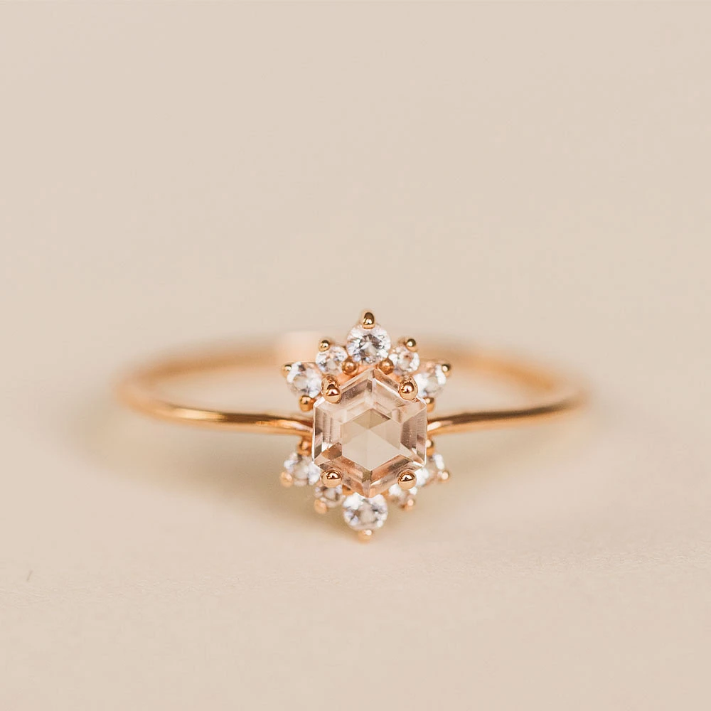 Ring with 4MM Hexagon Morganite and White Topaz in 14KT Rose Gold