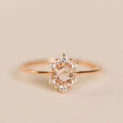Ring with 4MM Hexagon Morganite and White Topaz in 14KT Rose Gold