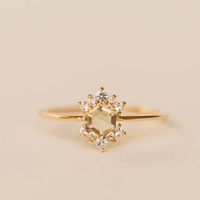 Ring with 4MM Hexagon Olive Quartz and White Topaz in 14KT Yellow Gold
