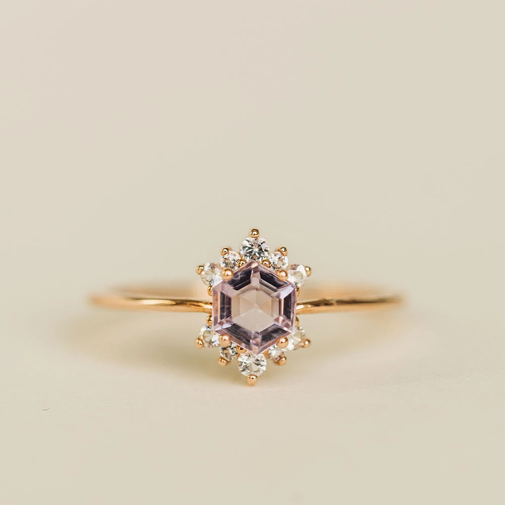 Ring with 4MM Hexagon Pink Amethyst and White Topaz in 14KT Rose Gold