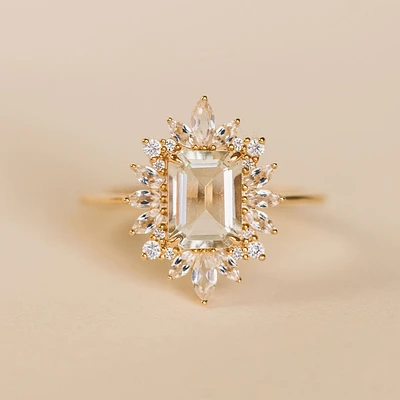 Ring with 8X6MM Emerald Cut Green Amethyst and White Topaz in 14KT Yellow Gold