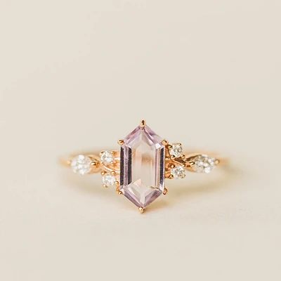Ring with 5X9MM Elongated Hexagon Pink Amethyst and .32 Carat TW of Diamonds in 14KT Rose Gold