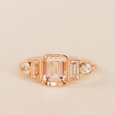 Ring with 8X6MM Emerald Cut Morganite and White Topaz in 14KT Rose Gold