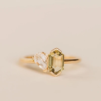 Ring with 7X5MM Elongated Hexagon Olive Quartz and White Topaz in 14KT Yellow Gold