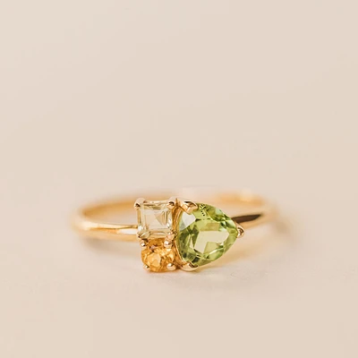 Ring with 6MM Trillion Cut Peridot, Olive Quartz and Citrine in 14KT Yellow Gold