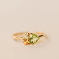 Ring with 6MM Trillion Cut Peridot, Olive Quartz and Citrine in 14KT Yellow Gold