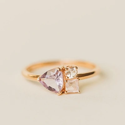 Ring with 6MM Trillion Cut Pink Amethyst, Rose Quartz and Morganite in 14KT Rose Gold