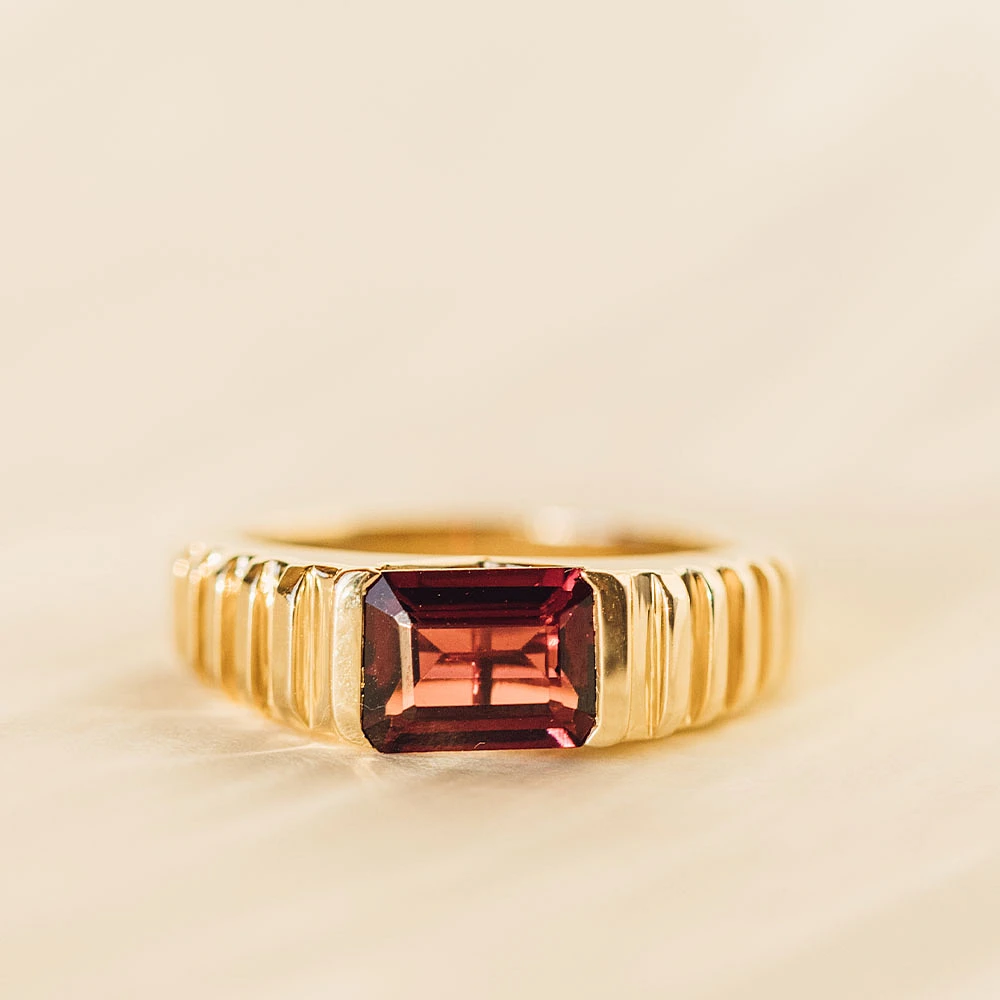 Ring with 8X6MM Emerald Cut Rhodolite Garnet in 14KT Yellow Gold