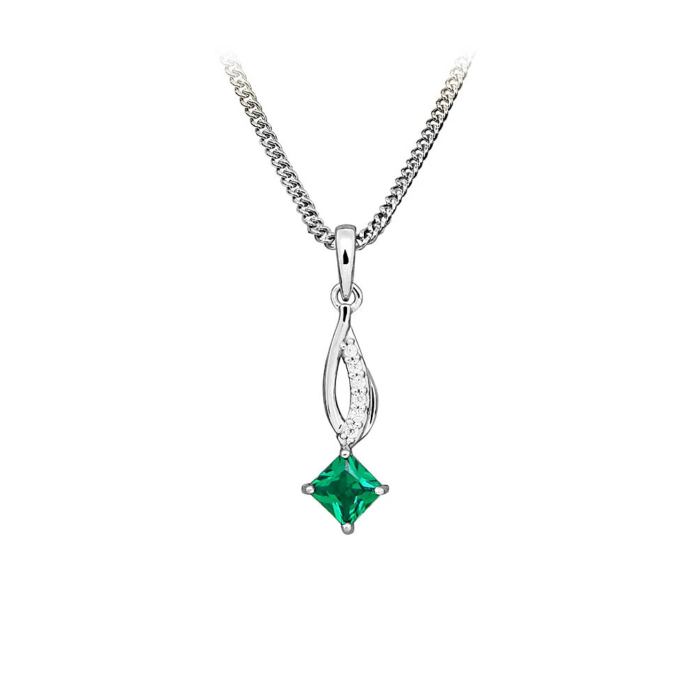 Pendant with Created Emerald and Cubic Zirconia Sterling Silver with Chain