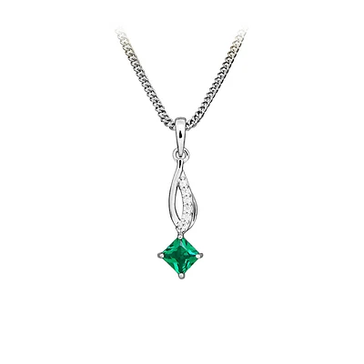 Pendant with Created Emerald and Cubic Zirconia Sterling Silver with Chain