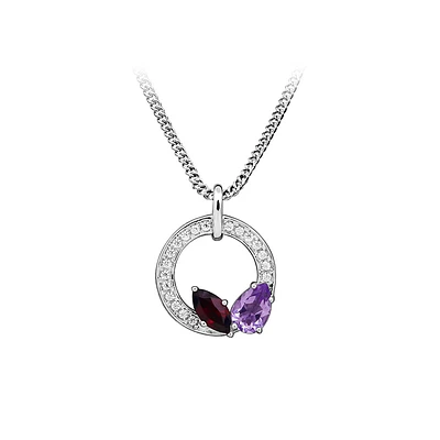 Circle Pendant with Garnet, Amethyst and Cubic Zirconia Sterling Silver with Chain