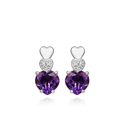 Heart Earrings with Amethyst and Cubic Zirconia in Sterling Silver