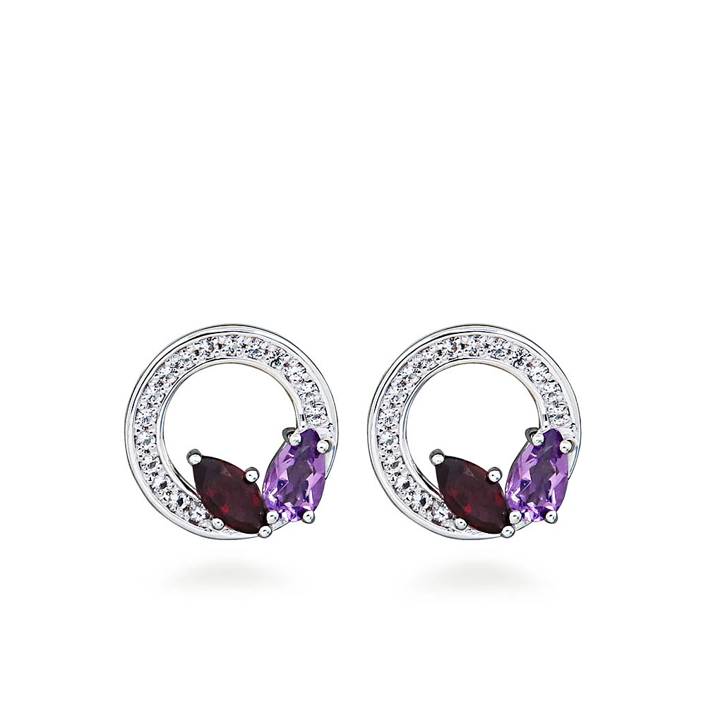 Circle Earrings with Garnet, Amethyst and Cubic Zirconia in Sterling Silver