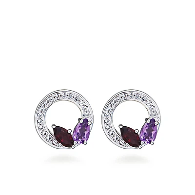 Circle Earrings with Garnet, Amethyst and Cubic Zirconia in Sterling Silver