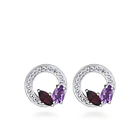 Circle Earrings with Garnet, Amethyst and Cubic Zirconia in Sterling Silver