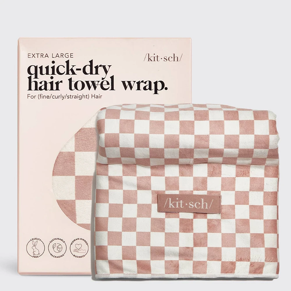 Extra Large Quick-Dry Hair Towel Wrap- Terracotta Checker