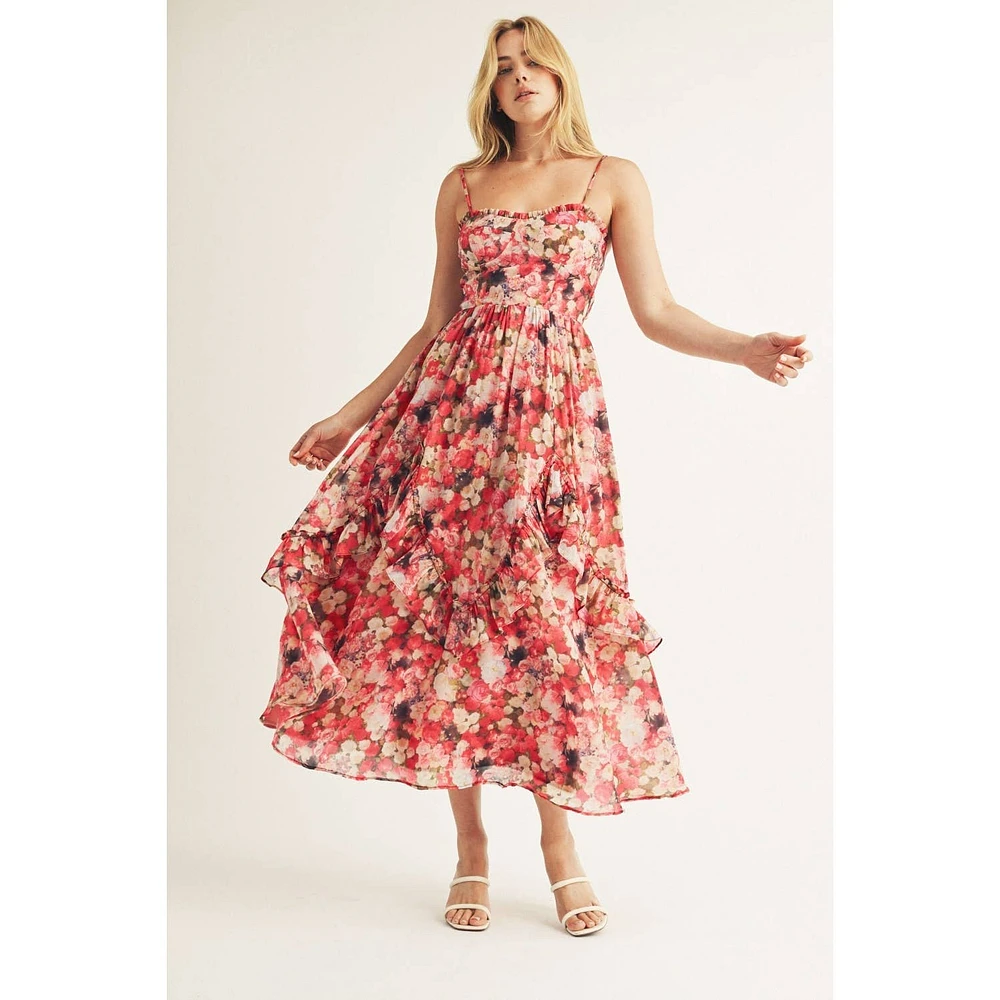 Berry Floral Bustier Midi Dress