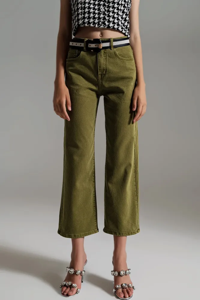 Olive Cropped Wide Leg Jeans