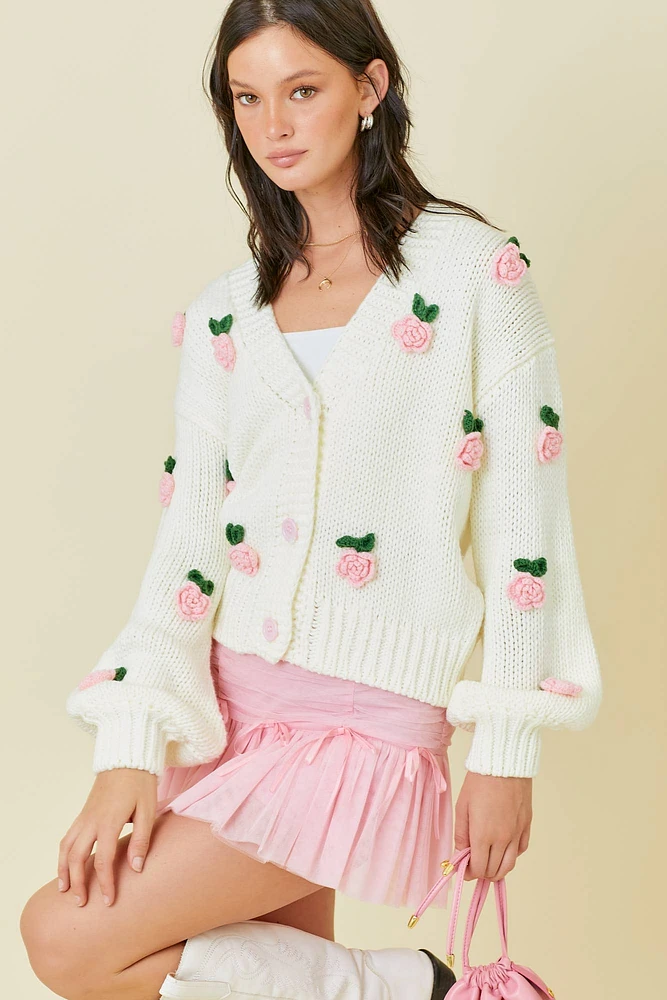 Bouquet of Roses Appliqué Cardigan Sweater