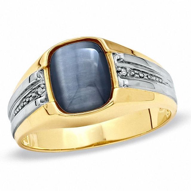 Men's Cushion-Cut Simulated Grey Cat's Eye and Diamond Accent Ring in 10K Gold|Peoples Jewellers