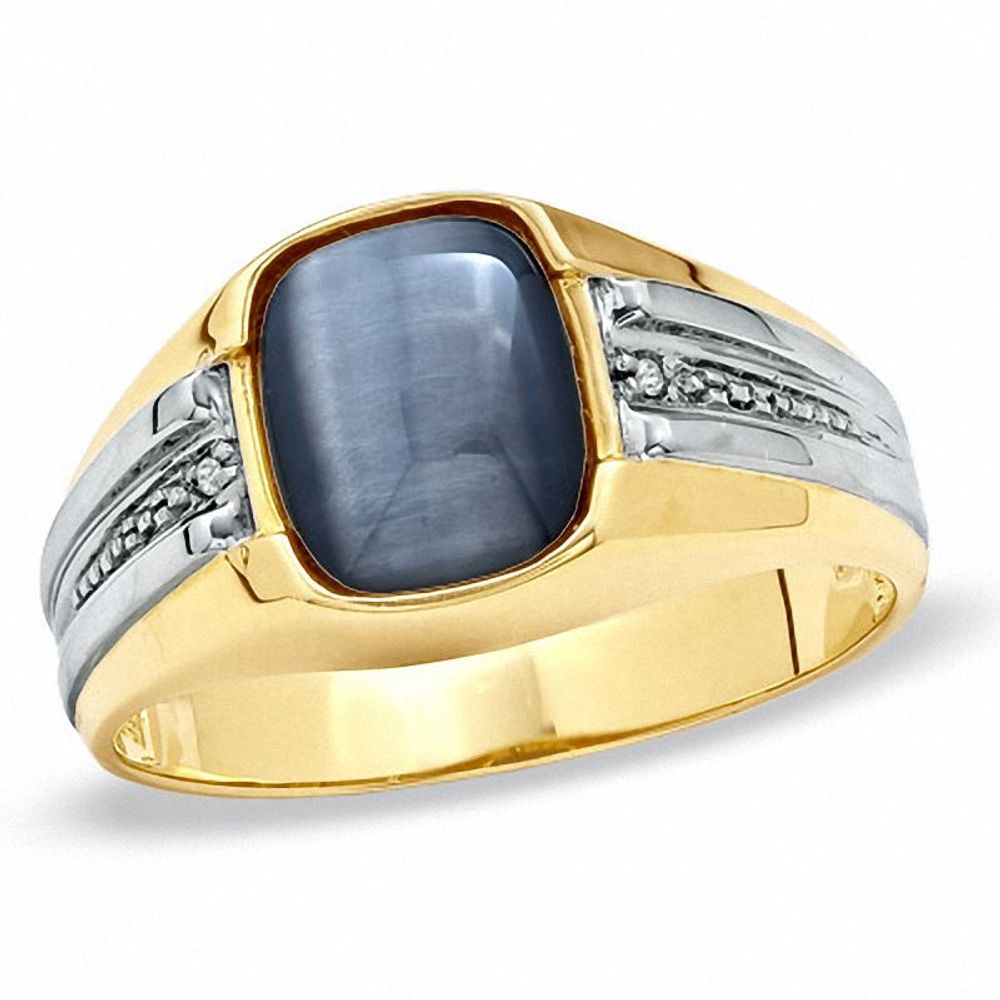 Men's Cushion-Cut Simulated Grey Cat's Eye and Diamond Accent Ring in 10K Gold|Peoples Jewellers