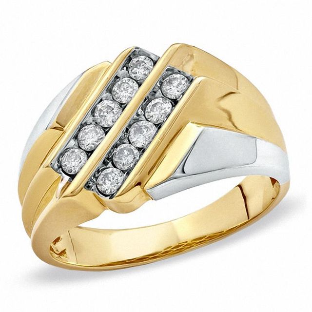 Men's 0.50 CT. T.W. Diamond Double Row Slant Ring in 10K Two-Tone Gold|Peoples Jewellers