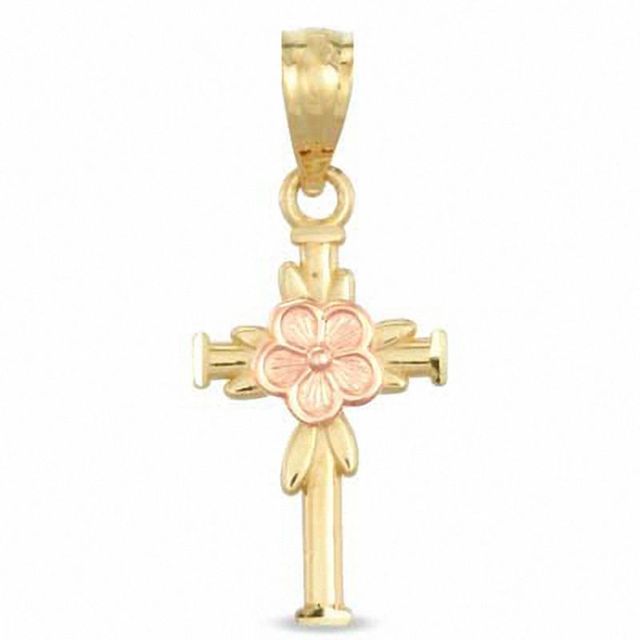 10K Two-Tone Gold Diamond-Cut Cross with Flower Charm|Peoples Jewellers