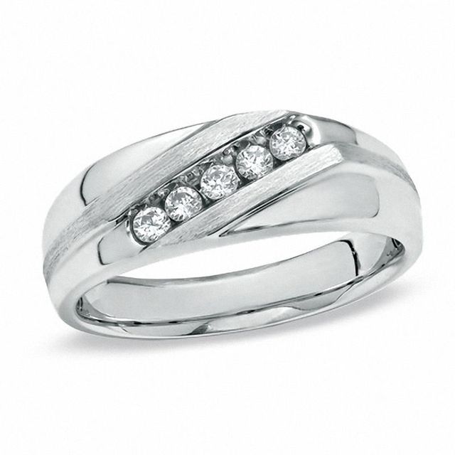 0.20 CT. T.W. Diamond Five Stone Slant Luxury Fit Wedding Band in 10K White Gold