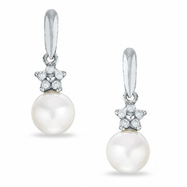 5.5-6.0mm Freshwater Cultured Pearl and Diamond Accent Drop Earrings in 10K White Gold|Peoples Jewellers