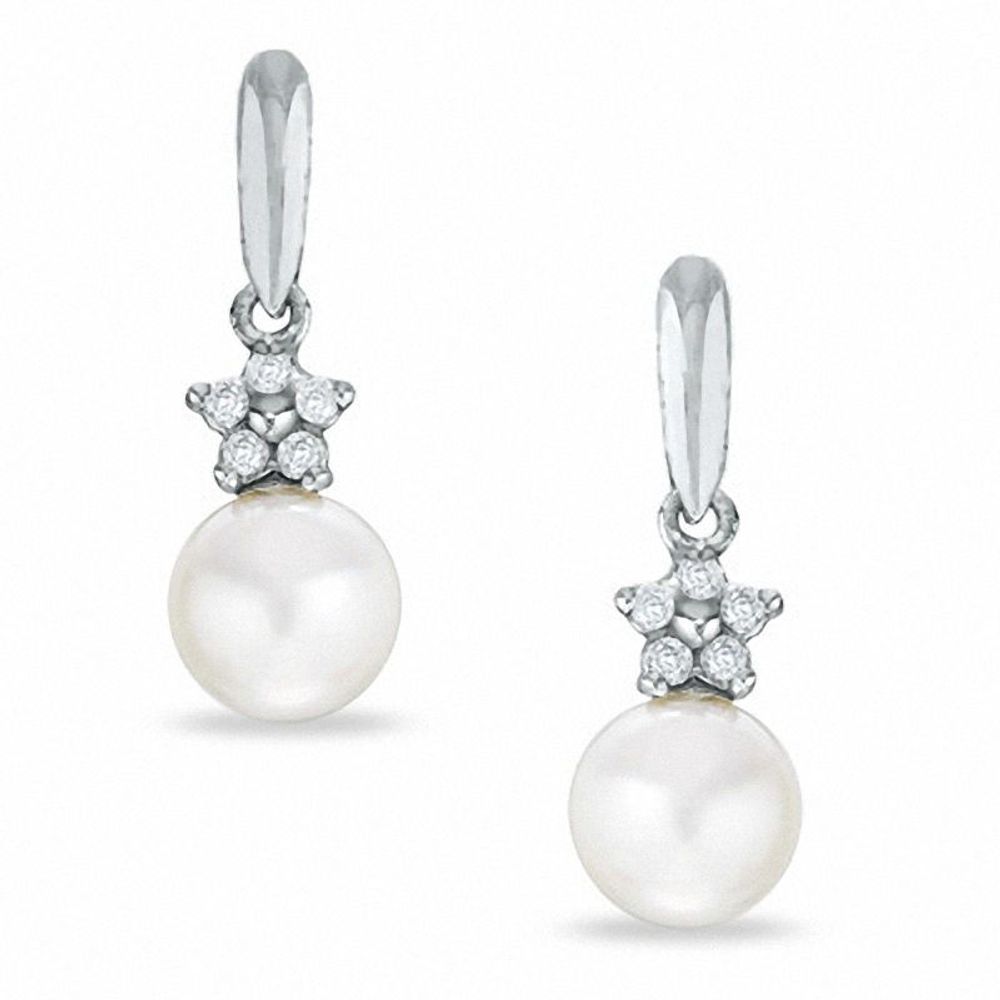 5.5-6.0mm Freshwater Cultured Pearl and Diamond Accent Drop Earrings in 10K White Gold|Peoples Jewellers