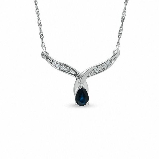 Pear-Shaped Blue Sapphire and Diamond Accent Wing Pendant in 10K White Gold - 16"|Peoples Jewellers