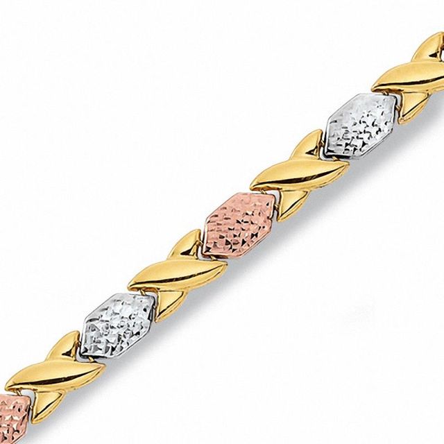 10K Tri-Tone Gold "X" and "O" Stampato Bracelet