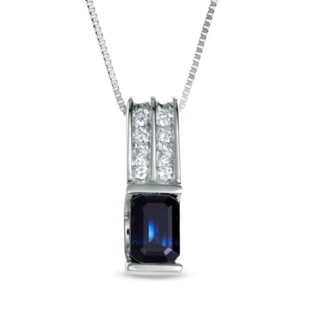 Emerald-Cut Blue Sapphire and Diamond Accent "U" Pendant in 14K White Gold