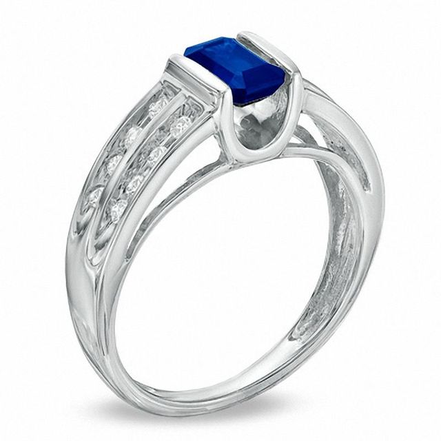 Emerald-Cut Blue Sapphire and 0.15 CT. T.W. Diamond "U" Ring in 14K White Gold|Peoples Jewellers