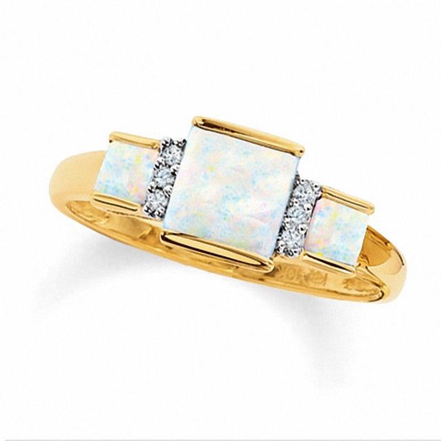 Square Opal Three Stone Ring in 10K Gold with Diamond Accents|Peoples Jewellers