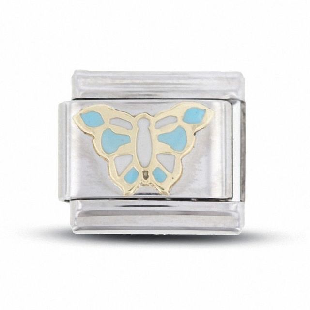 Enamel Blue Butterfly Italian Charm in Stainless Steel with 18K Gold-Tone Accents