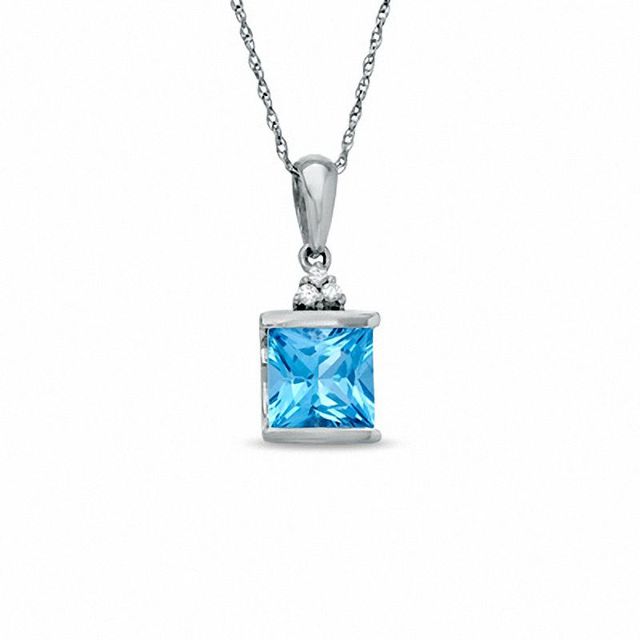 Square Blue Topaz and Diamond Pendant in 10K White Gold|Peoples Jewellers