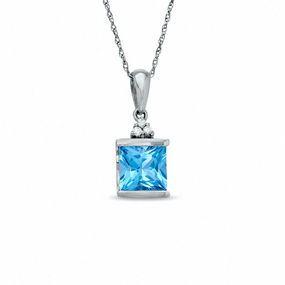 Square Blue Topaz and Diamond Pendant in 10K White Gold|Peoples Jewellers