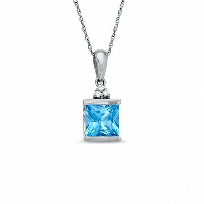 Square Blue Topaz and Diamond Pendant in 10K White Gold|Peoples Jewellers