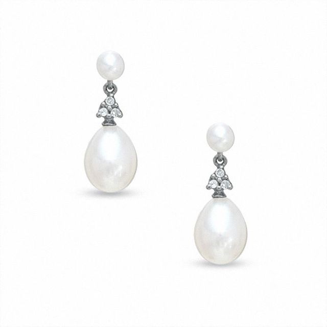 Freshwater Cultured Pearl and Diamond Accent Drop Earrings in 10K White Gold|Peoples Jewellers