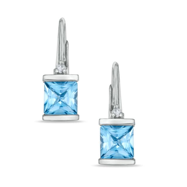 5.0mm Princess-Cut Blue Topaz and Diamond Accent Leverback Earrings in 10K White Gold|Peoples Jewellers