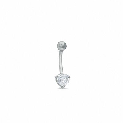 014 Gauge Belly Button Ring with Heart-Shaped Cubic Zirconia in 14K White Gold|Peoples Jewellers