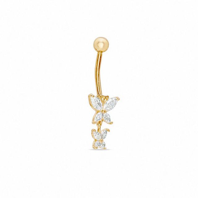 014 Gauge Butterfly Dangle Belly Button Ring with Cubic Zirconia in 14K Gold|Peoples Jewellers