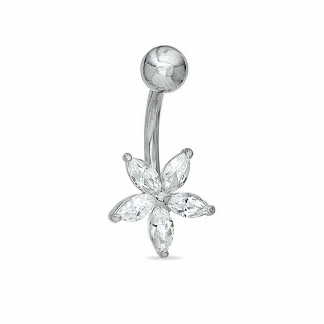 014 Gauge Flower Belly Button Ring with Marquise-Shaped Cubic Zirconia in Stainless Steel|Peoples Jewellers